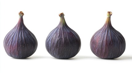 Obraz premium Fresh ripe figs arranged in a row on a white background showcasing their unique texture and color for culinary or health-related use.