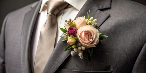 Elegant flower arrangement on a formal lapel pin for evening events, formal wear, tuxedo, formal wear