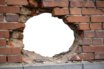 Break through Big Hole in the brick wall. tiles, bricks concrete