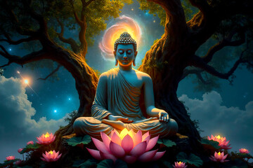 Buddhist Monk Meditating under tree near lotus flower. Buddha statue sitting in yoga pose. magical garden in universe, cosmic energy behind man. glowing aura power around, in an ancient Night scene.