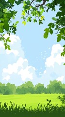 Fototapeta premium Serene Summer Landscape Peaceful Green Meadow Under Blue Sky Lush Foliage