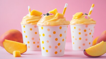Delicious Mango Milkshake in Polka Dot Cups on Pink Background for Beverage Marketing Promotion