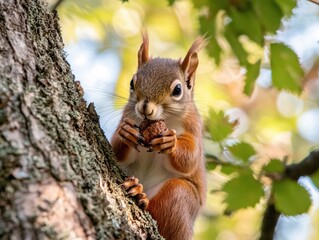 Obraz premium Adorable Red Squirrel Enjoying a Nut on a Tree Trunk in a Sunny Forest
