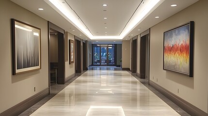 Luxurious and contemporary corporate office hallway featuring abstract artwork and soft warm lighting creating a refined professional atmosphere