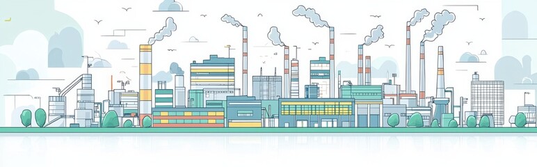 Obraz premium Monochrome industrial skyline with factory and smokestacks illustration