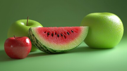 Vibrant Still Life: Watermelon, Apples, and a Green Background