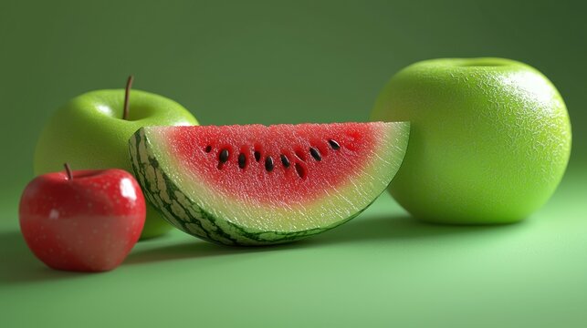 Vibrant Still Life: Watermelon, Apples, and a Green Background
