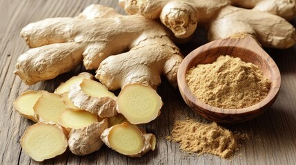 Fresh ginger root and ground ginger spice displayed on rustic wooden surface with slices and natural wooden bowl.
