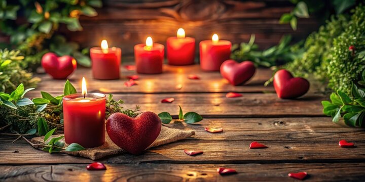 Cozy atmosphere, warm red hearts on a rustic wooden table, surrounded by candles and lush greenery, creating an intimate ambiance for a romantic setting , romantic, red hearts