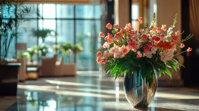 Elegant floral arrangement in a modern lobby showcasing fresh blooms in a reflective vase with soft natural light and contemporary decor.
