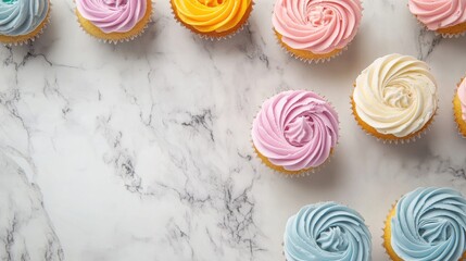 Colorful Cupcakes with Whipped Icing on Elegant Marble Surface for Gourmet Dessert Background