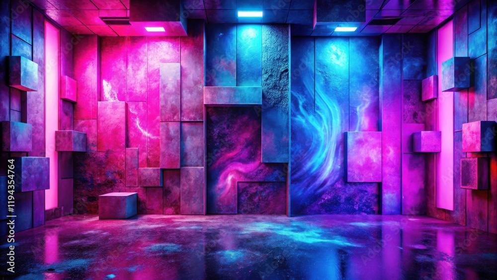 Poster abstract neon glowing room with geometric blocks and reflective floor