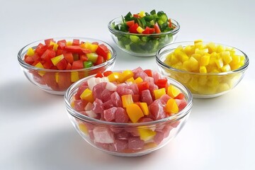 Naklejka premium Chopped peppers and meat in bowls, food prep, kitchen, white background, recipe ingredient