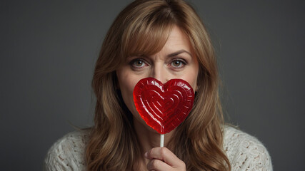 Woman holding a heart-shaped lollipop in front of her face while posing against a dark background