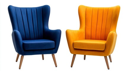 Fototapeta premium A photostock of cozy velvet armchairs in blue, red, and orange colors, isolated on a clean white background, stylish and inviting, High Quality