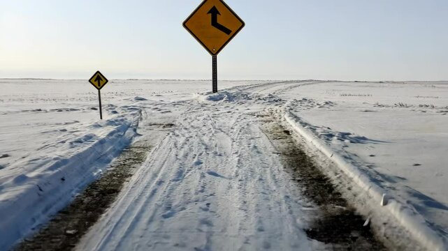 Snow-covered road sign indicates a sharp turn ahead in a winter landscape