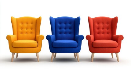 A photostock of cozy velvet armchairs in blue, red, and orange colors, isolated on a clean white background, stylish and inviting, High Quality