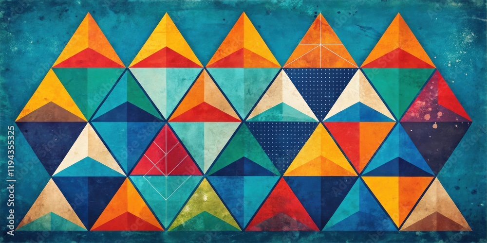 Poster abstract geometric textile design with vibrant hues and textured triangles