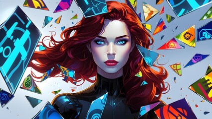 Fototapeta premium A futuristic portrait features a woman surrounded by digital shards, displaying various tech symbols.