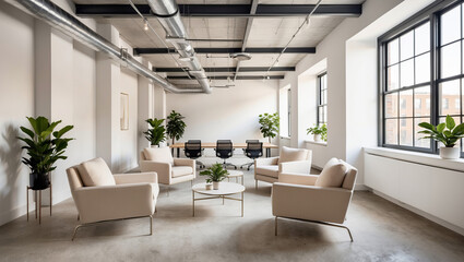 Modern office lounge area with seating and greenery in bright, spacious workspace