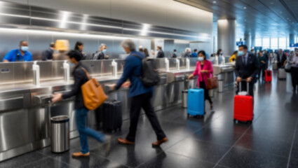 Travelers check in at a busy airport terminal during the morning rush with luggage in hand and masks on their faces