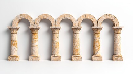 Fototapeta premium A photostock of a line of ornate Roman stone arches, isolated on a clean white background, historical and architectural, High Quality