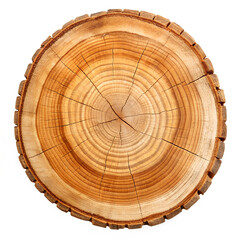 Fototapeta premium A detailed overhead shot of a tree cross-section, showcasing its concentric growth rings and textured surface. The wood is light brown, exhibiting natural cracks and variations.