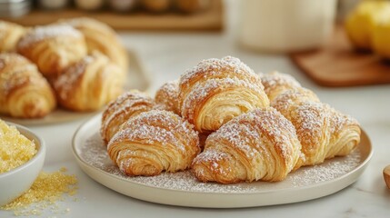 Deliciously golden croissants dusted with powdered sugar served on a rustic plate with fresh ingredients in the background