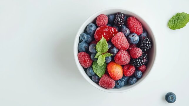 Bowl of assorted fresh berries with mint on white background promoting healthy lifestyle and nutritious eating choices