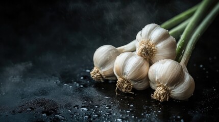 Fresh garlic cloves on a dark wet surface with water droplets creating a moody culinary atmosphere ideal for food photography and recipes