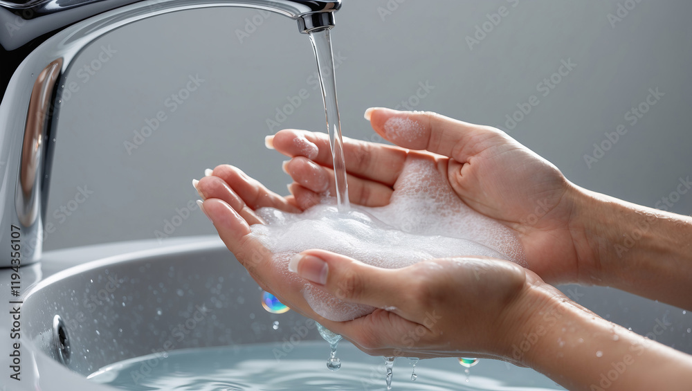 Wall mural Washing hands with soap under running water at a bathroom sink to ensure cleanliness and hygiene