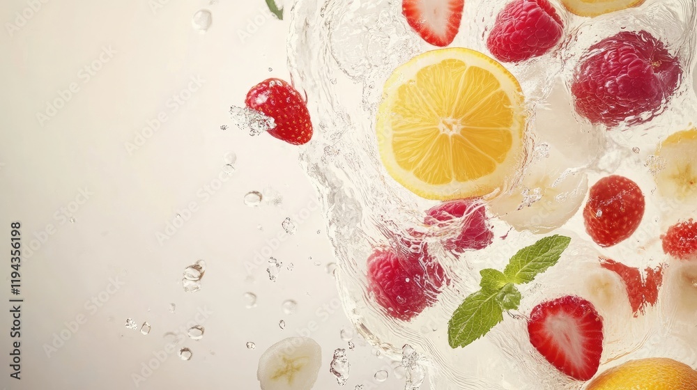 Poster vibrant assortment of fresh fruits splashing into water creating a refreshing and dynamic visual eff