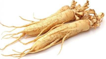 Dried ginseng roots isolated on a white background showcasing their distinct shape and texture for herbal medicine and health products.