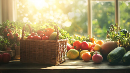 A rustic empty square wicker basket placed on a wooden table, surrounded by fresh fruits and vegetables, sunlight streaming through a nearby window, creating a warm. Ai generated (1)