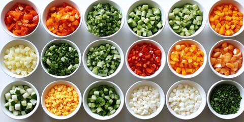 Colorful Diced Vegetables in Bowls Fresh Ingredients Salad Prep