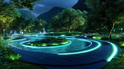 Serene Night Scene of Illuminated Pathway in Lush Green Garden