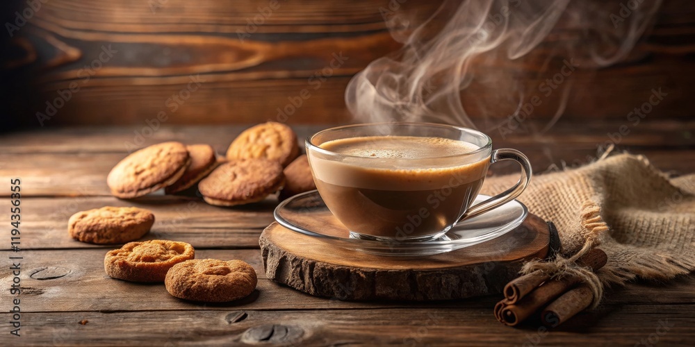 Aufkleber aromatic coffee with warm cookies and cinnamon sticks on rustic wood