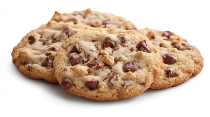 Delicious freshly baked chocolate chip cookies with crumbs on a clean white background perfect for dessert and baking advertisements.