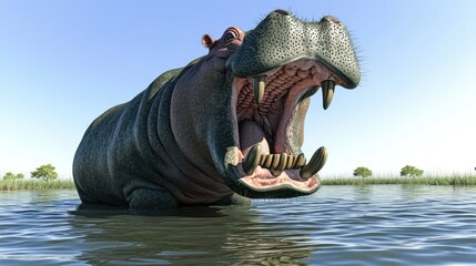 Fototapeta premium Hippo Roaring in a Tranquil Water Setting with Clear Sky and Distant Trees