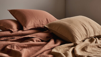 Cozy bed with soft linen pillows and warm earthy tones in a serene bedroom setting