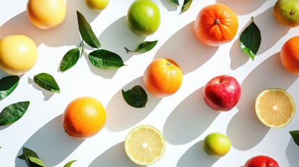 Obraz premium Fresh assorted fruits with green leaves arranged on a white background creating vibrant patterns and shadows for a healthy lifestyle concept