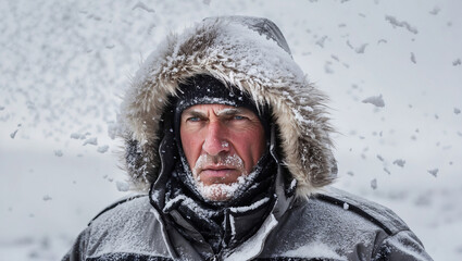 Fototapeta premium Middle-aged man stands in snowstorm, showcasing resilience in harsh winter conditions while maintaining a serious expression