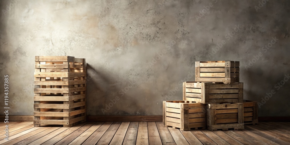 Poster rustic wooden crates arranged against a weathered wall in a room with a wooden floor