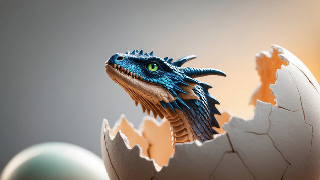 Baby dragon hatching from a cracked eggshell in a mystical setting with soft lighting