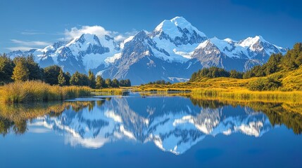 A dramatic view of snow-capped mountains reflected in the still waters of a pristine lake