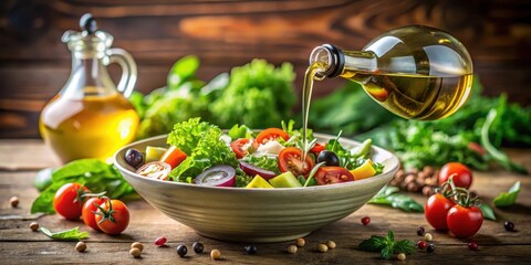 A bottle of olive oil poured into a bowl filled with mixed greens and vegetables , fresh ingredients, healthy snack