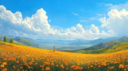 Obraz premium A dreamy landscape of rolling hills blanketed in golden wildflowers under a blue sky