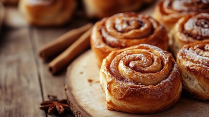 Delicious Cinnamon Rolls on Rustic Wooden Table with Spices and Warm Ambience