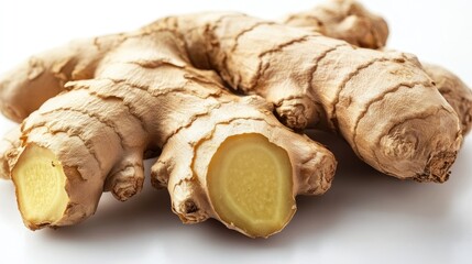 Freshly harvested ginger roots showcasing their unique texture and vibrant yellow interior on a clean white background.