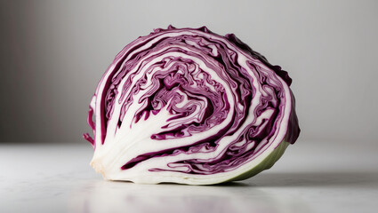 Fototapeta premium Sliced red cabbage showcasing intricate patterns and vibrant colors on a plain background